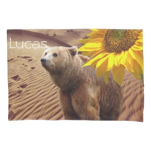 Funda de almohada de girasol, oso floral (Anverso)