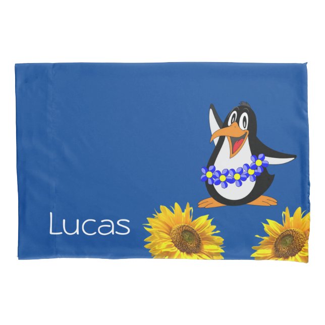 Funda de almohada de girasol, pingüino floral (Anverso)