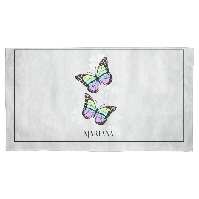 Funda de almohada floral con mariposa arco iris (Anverso)