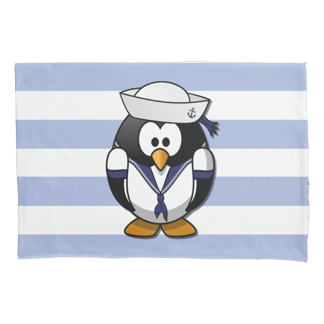 Funda de almohada rayada del pingüino náutico (Anverso)