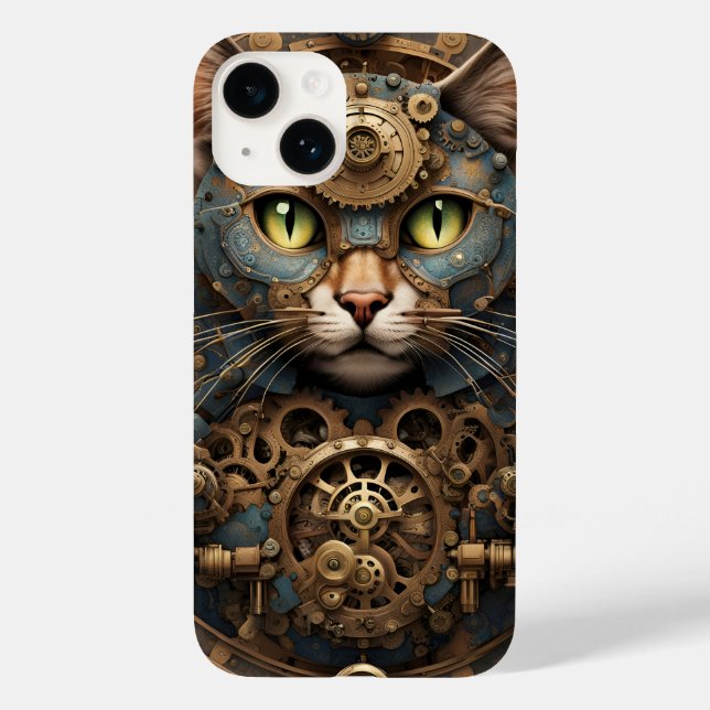 funda de arte de IA azul steampunk gato Mate iPhon (Reverso )