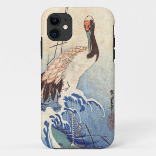 Funda Para iPhone 11 波と鶴, grúa y ondas, Hiroshige, Ukiyo-e del 広重