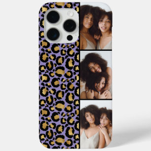 Funda Para iPhone 15 Pro Max 3 Foto Estampado Leopardo Morado y Dorado