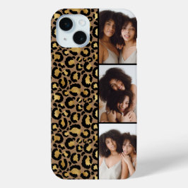 Funda Para iPhone 15 Mini 3 Foto Marrón y Dorado Estampado de Leopardo