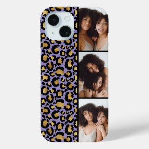 Funda Para iPhone 15 3 Foto Morado Y Dorado Estampado Leopardo