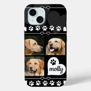 Funda Para iPhone 15 3 Nombre de perro Collage de fotos Corazón blanco 