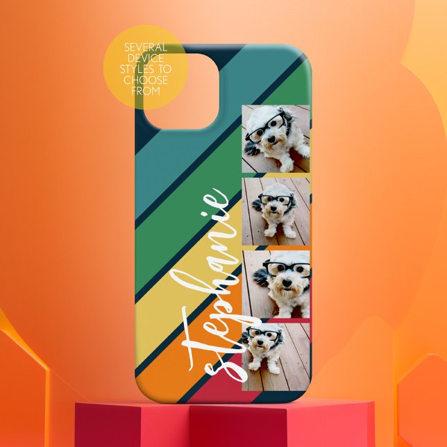 Funda De Case-Mate Para iPhone 4 Foto Patrón de raya retro arcoíris monogramado (Personalized Phone Case with Custom Text and Trendy Design)