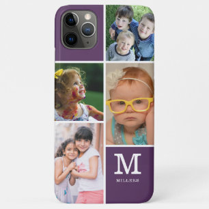 Funda Para iPhone 11 Pro Max 4 Nombre Monograma Familia Collage de fotos Púrpu