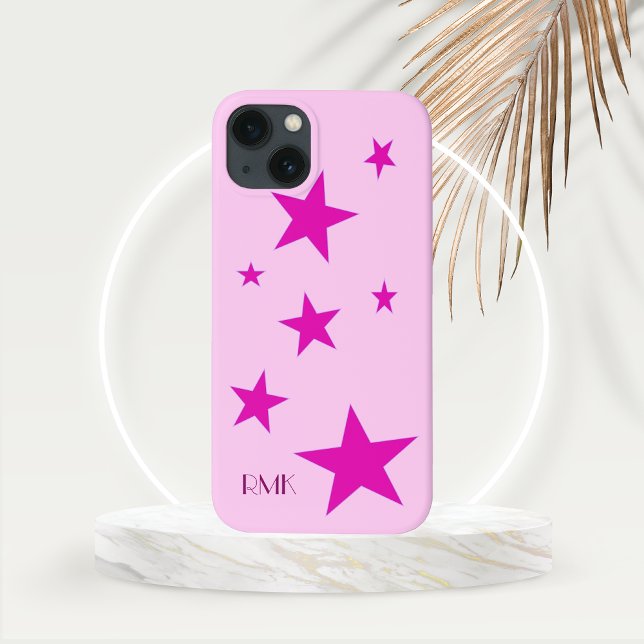 Funda De Case-Mate Para iPhone 7 estrellas de fucsia y texto rosa personalizado (Seven Fuchsia Stars with Initial Monogram on Gold Frond Mockup)