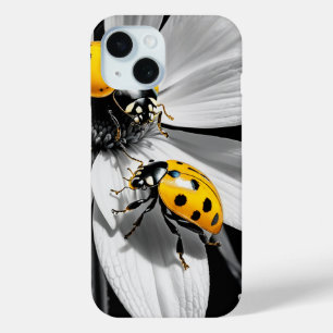 Funda Para iPhone 15 Abeja Amarillo De Ladybugs Sobre Flor Blanca Negra