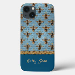Funda Para iPhone 13 Abejas antiguas en damasco azul con escritura a ma