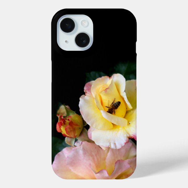 Funda De Case-Mate Para iPhone Abejas con flores de rosas amarillas rosas (Reverso )