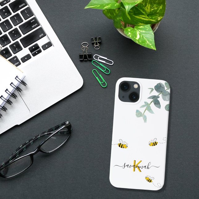 Funda De Case-Mate Para iPhone Abejas eucalipto verde monograma blanco (Subido por el creador)
