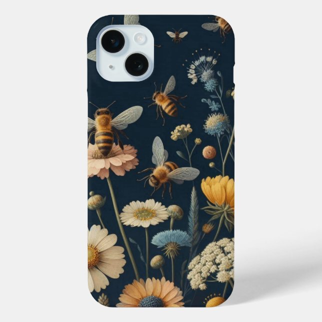 Funda De Case-Mate Para iPhone Abejas y flores silvestres en azul oscuro (Reverso )