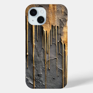 Funda Para iPhone 15 Abstracto Moderno Negro y Goteo Dorado Metálico