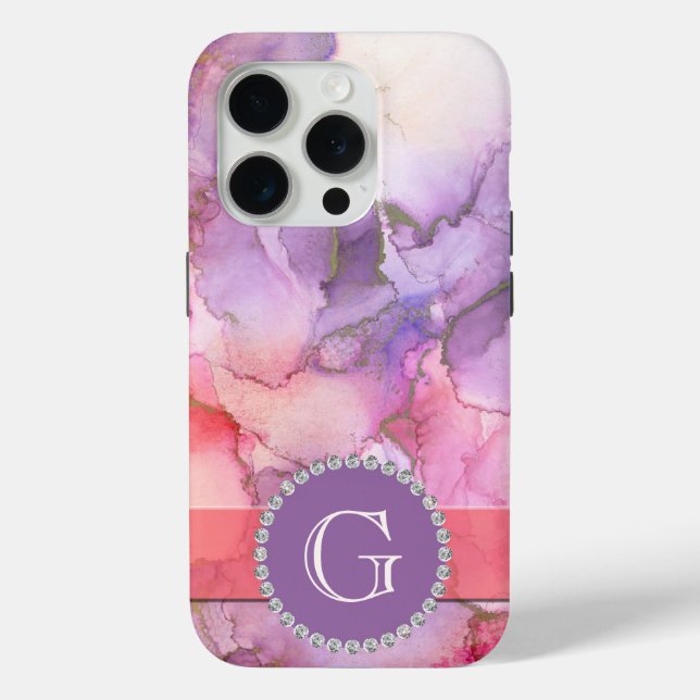Funda De Case-Mate Para iPhone Abstracto y monograma de acuarela rosa y púrpura (Reverso )