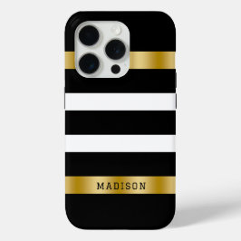 Funda Para iPhone 15 Pro Acento de acento de oro en rayas blancas y negras