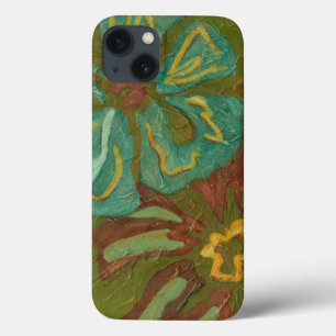 Funda Para iPhone 13 Acua y flores de Naranja quemadas en fondo verde