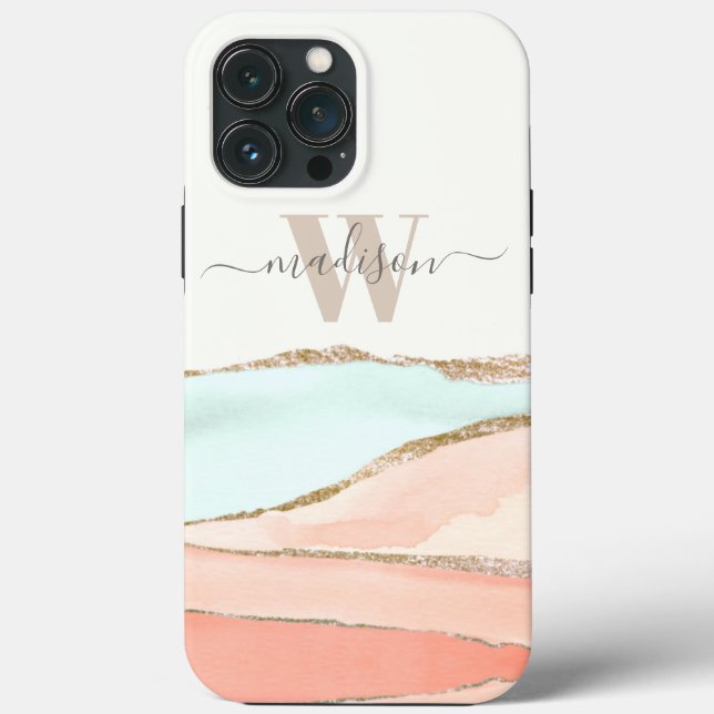 Funda De Case-Mate Para iPhone Acuarela abstracta costera con nombre y monograma (Reverso )