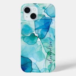 Funda Para iPhone 15 Acuarela Abstracta Vidrio Marítimo Con Nombre