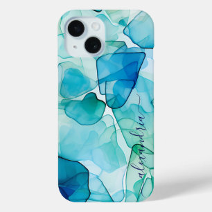 Funda Para iPhone 15 Acuarela Abstracta Vidrio Marítimo Con Nombre