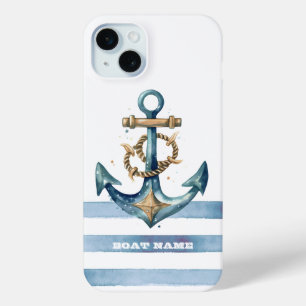 Funda Para iPhone 15 Mini Acuarela Ancla Náutica Rayas Azul Claro