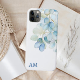 Funda Para iPhone 11 Pro Max Acuarela Azul Hidrangea Botánica Monograma