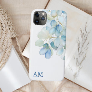 Funda Para iPhone 11 Pro Max Acuarela Azul Hidrangea Botánica Monograma