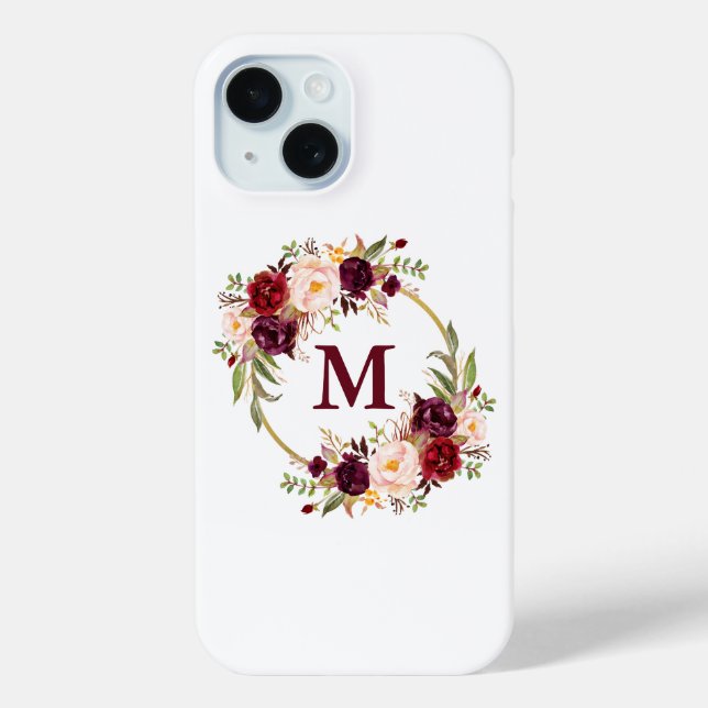 Funda De Case-Mate Para iPhone Acuarela Burgundy Monograma de floral (Reverso )