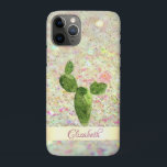 Funda Para iPhone 11 Pro Acuarela Cactus, Bokeh Purpurina - Personalizado<br><div class="desc">Cactus acuarela y confeti dorado sobre fondo purpurinoso de bokeh y tu nombre.</div>
