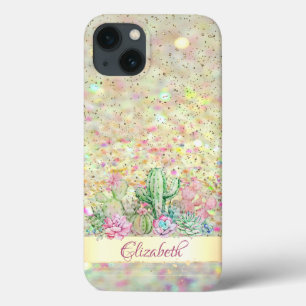 Funda Para iPhone 13 Acuarela Cactus, Suculento Bokeh Purpurina