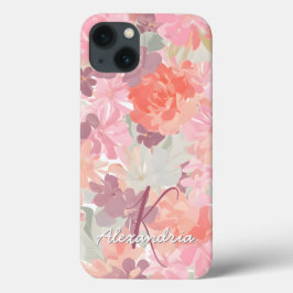 Funda Para iPhone 13 Acuarela Color rosa Coral Flor Patrón Monograma No