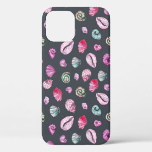 Funda Para iPhone 12 Acuarela de conchas marinas: Patrón azul oscuro