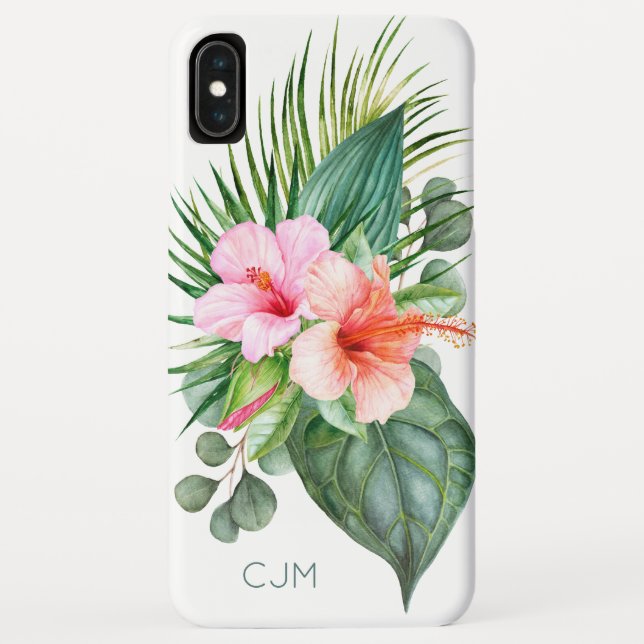 Funda De Case-Mate Para iPhone Acuarela de Hibiscus tropical con monograma (Reverso)