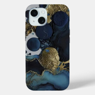 Funda Para iPhone 15 acuarela de lujo de oro negro y azul