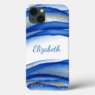 Funda Para iPhone 13 Acuarela de tinta azul dorada blanca personalizada