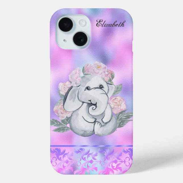 Funda De Case-Mate Para iPhone Acuarela Elefante Flores Holográfico (Reverso )