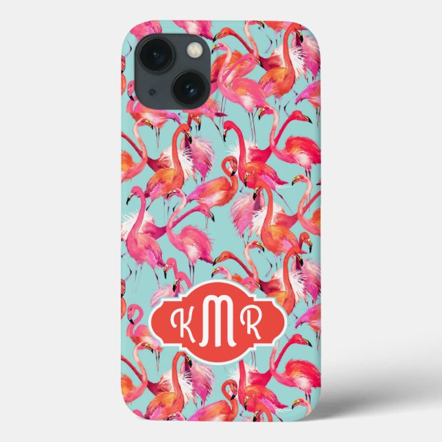 Funda De Case-Mate Para iPhone Acuarela Flamingos | Monograma (Reverso)