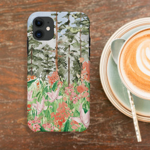 Funda Para iPhone 11 Acuarela Floral de Coral Rosa en Pradera de Montañ