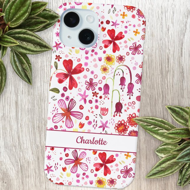 Funda De Case-Mate Para iPhone Acuarela floral personalizada (Modern watercolor floral pink and white personalized name cell phone case)