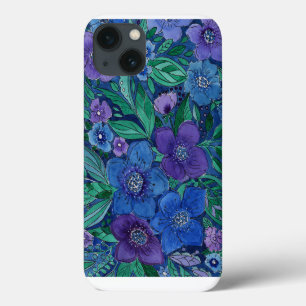 Funda Para iPhone 13 acuarela, flores azules