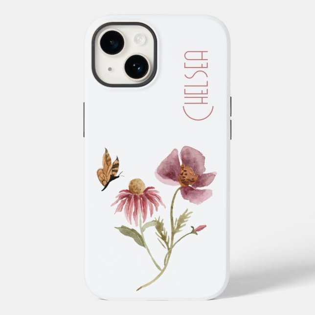 Funda De Case-Mate Para iPhone Acuarela Flores silvestres Floral Mariposa Nombre (Reverso )