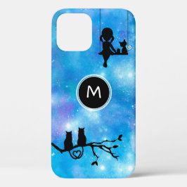 Funda Para iPhone 12 Acuarela Galaxia Gatos y Monograma Chica