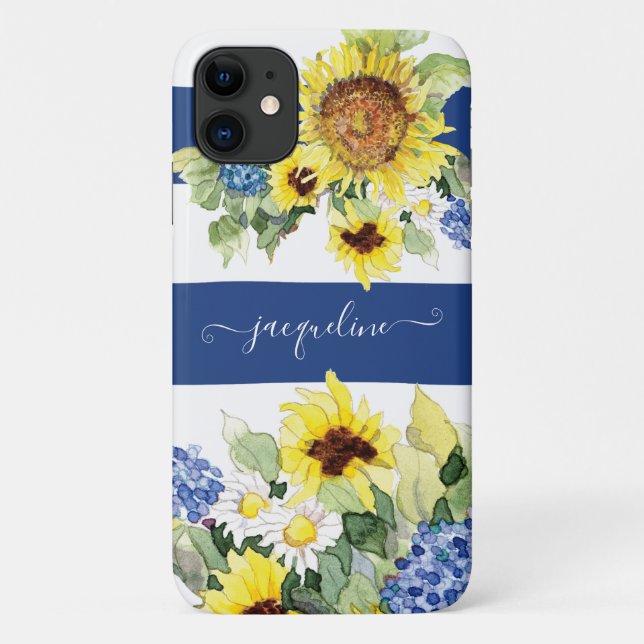 Funda De Case-Mate Para iPhone Acuarela girasol Floral Azul a rayas blancas (Reverso)