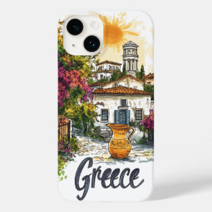 Funda Para iPhone 14 De Case-Mate Acuarela Grecia: Escena de pueblo con flores