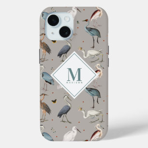 Funda Para iPhone 15 Acuarela Heron Bird Egret Nature Monogramada
