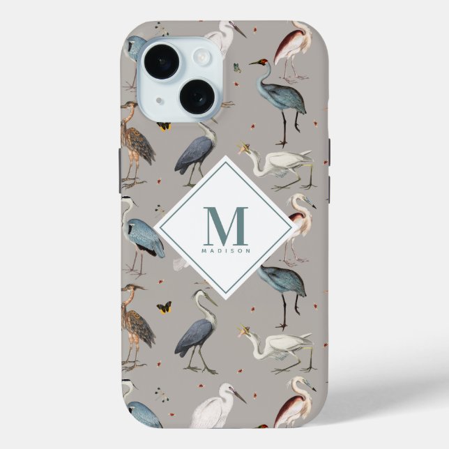 Funda De Case-Mate Para iPhone Acuarela Heron Bird Egret Nature Monogramada (Reverso )