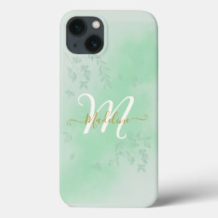Funda Para iPhone 13 Acuarela Hojas Botánicas Foliage Monograma