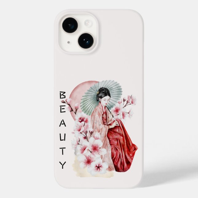 Funda De Case-Mate Para iPhone Acuarela japonesa de geisha con Kimono y Sakura (Reverso )