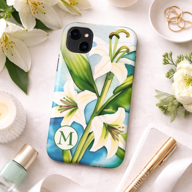 Funda De Case-Mate Para iPhone Acuarela Lirio Blanco con Monograma (Subido por el creador)